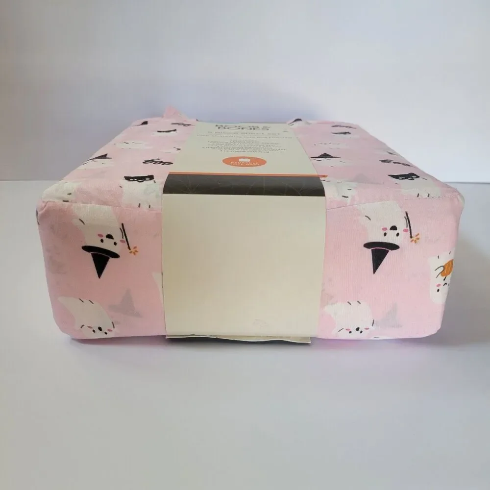 Halloween Pink White Cute Ghosts Boos & Bones QUEEN 5pc Sheets Set Girls Bedding